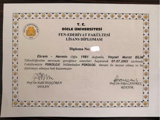 Psikoloji Lisans Diploması — Dicle Üniversitesi Fen-Edebiyat Fakültesi, 2003
